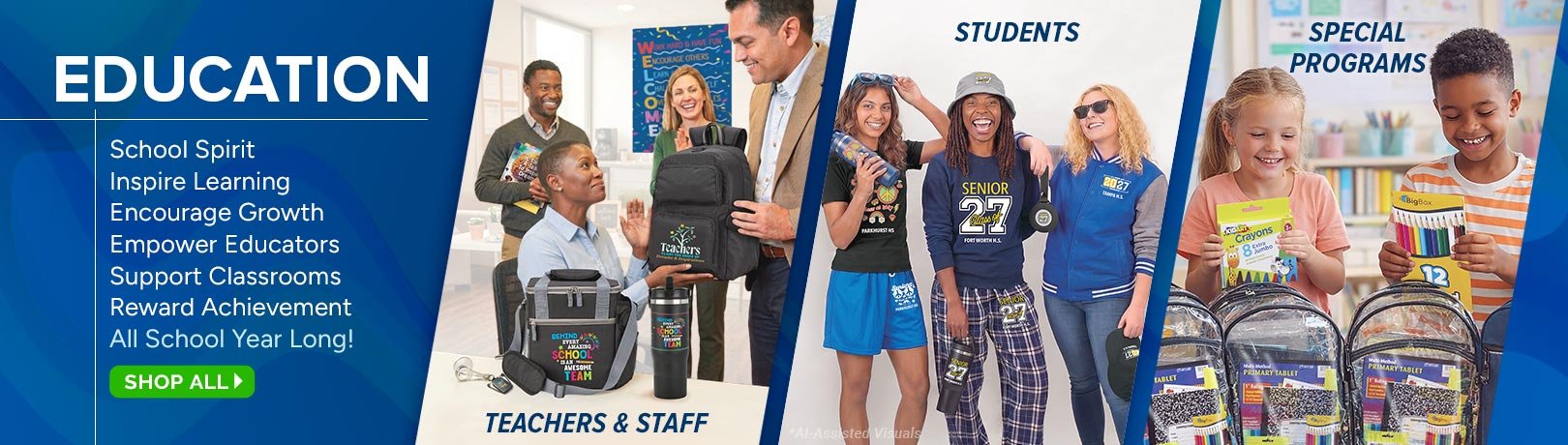 Fourth slide - Education: Teacher & staff appreciation. Student tools and awards. School special programs