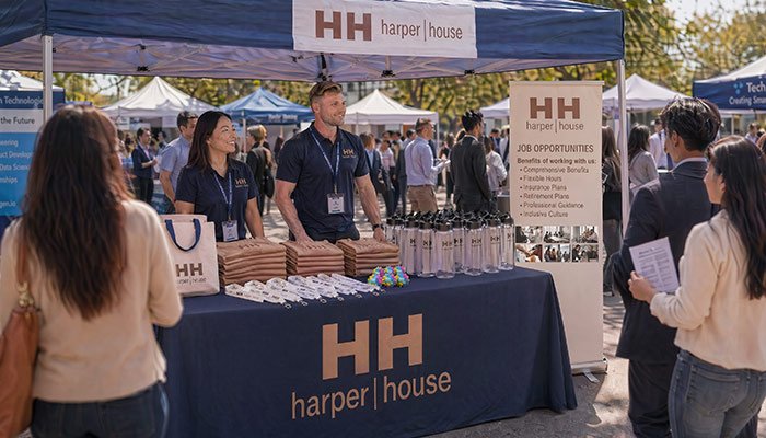 Job fair booth essentials—tablecloths, banners, signage, and branded giveaways that attract candidates.